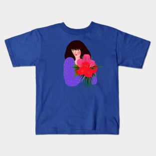 Lovely girl with red flower bouquet Kids T-Shirt